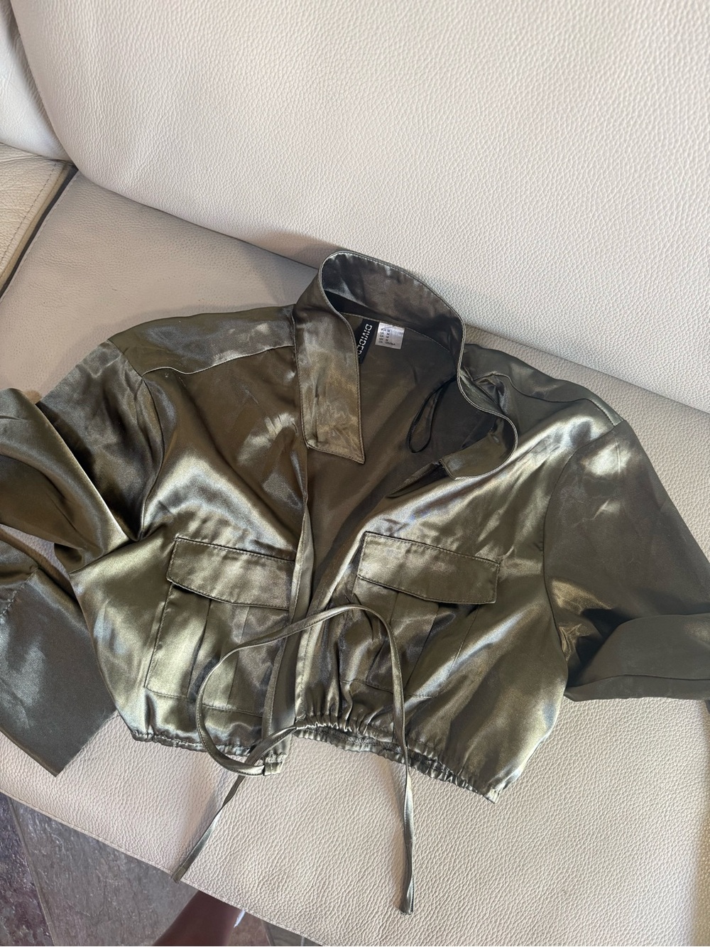 H&M Olive Satin Cropped tie blouse